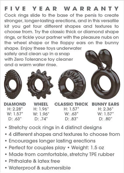 Male Sex Toys Ring My Bell 4Pack Cock Rings for Enhanced Erections and Pleasure Evolved Novelties