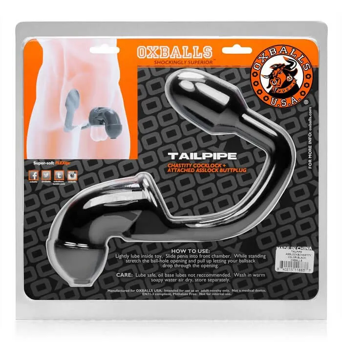 OXBALLS Oxballs Tailpipe Cock and Ass Lock Black FlexTPR Chastity Cage with Butt Plug Male Sex Toys
