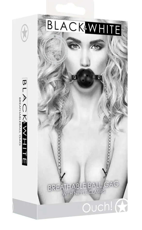 Shots Ouch Breathable Ball Gag With Nipple Clamps Black Couples