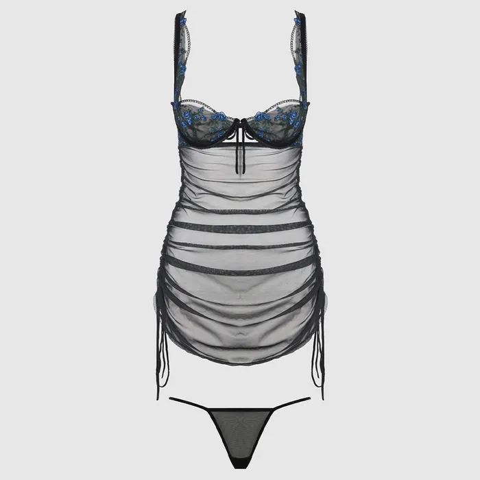 House of Desire Vibrators House of Desire Harper Floral Embroidery Ruched Mesh Chemise