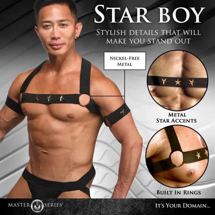 XR Brands Rave Harness Elastic Chest Harness with Arm Bands LXL Female Sex Toys XR Brands Rave Harness Elastic Chest Harness with Arm Bands LXL Female Sex Toys