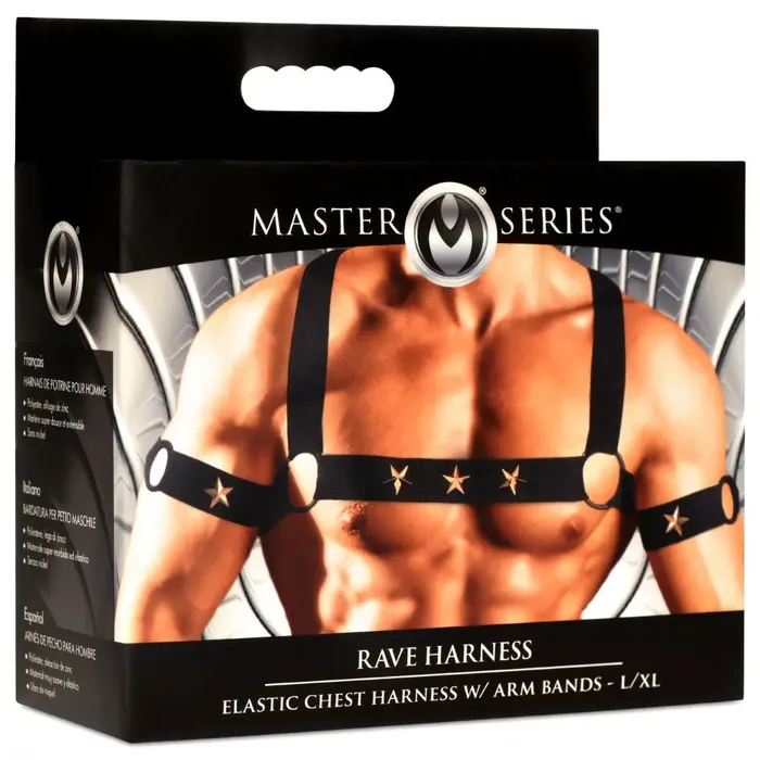 XR Brands Rave Harness Elastic Chest Harness with Arm Bands LXL Female Sex Toys
