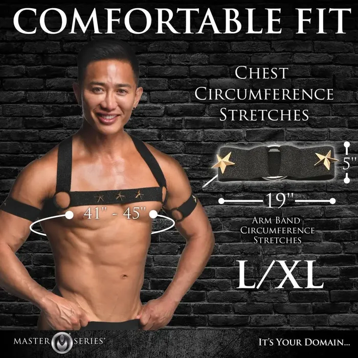 XR Brands Rave Harness Elastic Chest Harness with Arm Bands LXL Female Sex Toys