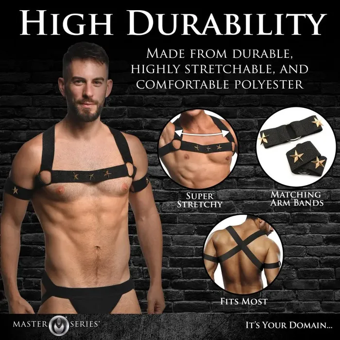 XR Brands Rave Harness Elastic Chest Harness with Arm Bands LXL Female Sex Toys