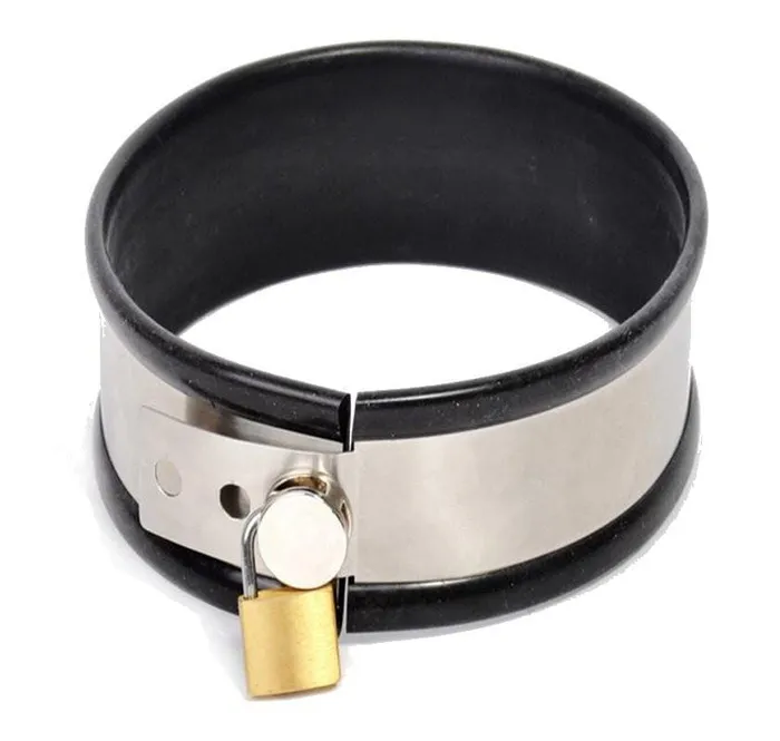 1404R Steel The Show Black Rubber Lined Locking Stainless Steel Collar Rise Dildos