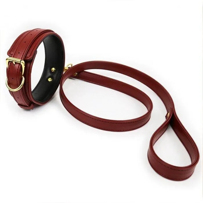 Moonwell Restraints 2504M Crimson Red Gold Standard Padded Bondage Collar and Leash Set