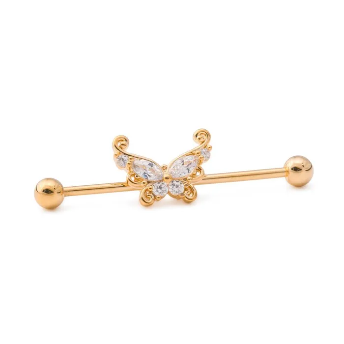 14g 138 GoldPlated Industrial Barbell with Curlicue Butterfly Charm Painful Pleasures Female Sex Toys 14g 138 GoldPlated Industrial Barbell with Curlicue Butterfly Charm Painful Pleasures Female Sex Toys