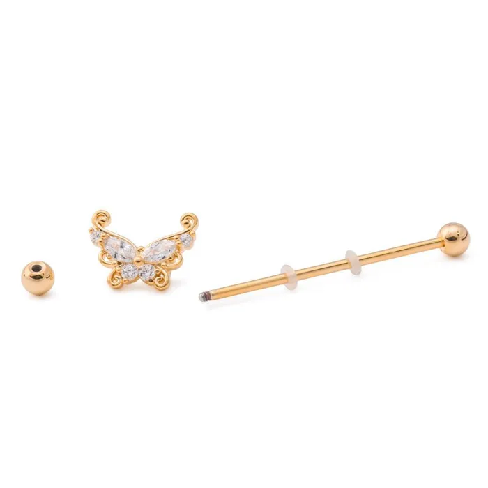 14g 138 GoldPlated Industrial Barbell with Curlicue Butterfly Charm Painful Pleasures Female Sex Toys