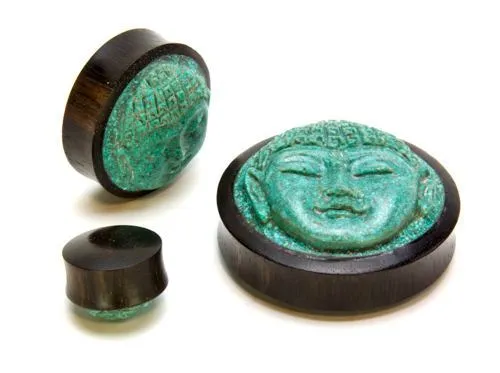 Anal Elementals Organics Carved Turquoise Buddha Face Areng Wood Plug Price Per 1