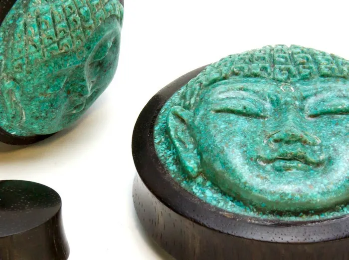 Anal Elementals Organics Carved Turquoise Buddha Face Areng Wood Plug Price Per 1