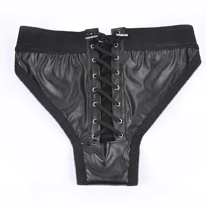 Female Sex Toys Fit Patent Leather Look Corset Back Strapon Harness with 2 Bullet Pockets Sportsheets