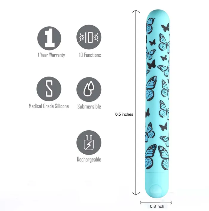 Female Sex Toys Maia Toys Maia Toys MONARCH USB Rechargeable XLong Butterfly Print Super Charged Bullet Violet