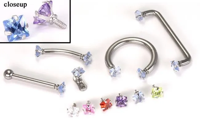 Painful Pleasures Anal 18g 16g Internally Threaded Jewel ProngSet Square Top Price Per 1