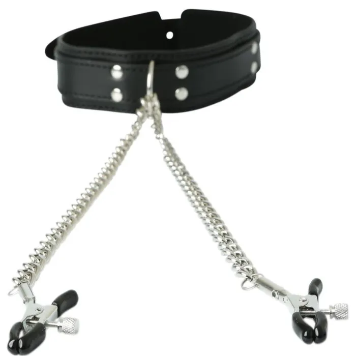 Sportsheets Couples Sportsheets Vegan Leather Collar with Nipple Clamps